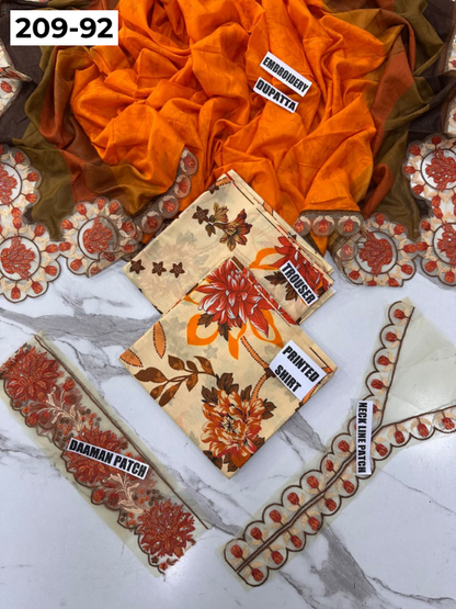 VOL 209 | DS 92 | LAWN 3PC PRINTED LAWN SHIRT ALONG WITH EMBROIDERED PATCHES PRINTED TROUSER EMBROIDERED DUPATTA