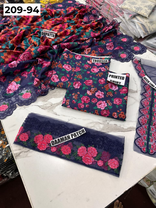VOL 209 | DS 94 | LAWN 3PC PRINTED LAWN SHIRT ALONG WITH EMBROIDERED PATCHES PRINTED TROUSER EMBROIDERED DUPATTA