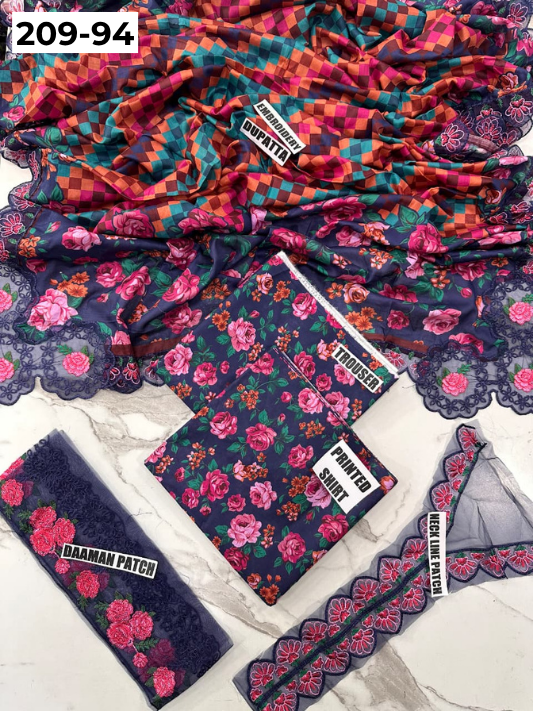 VOL 209 | DS 94 | LAWN 3PC PRINTED LAWN SHIRT ALONG WITH EMBROIDERED PATCHES PRINTED TROUSER EMBROIDERED DUPATTA
