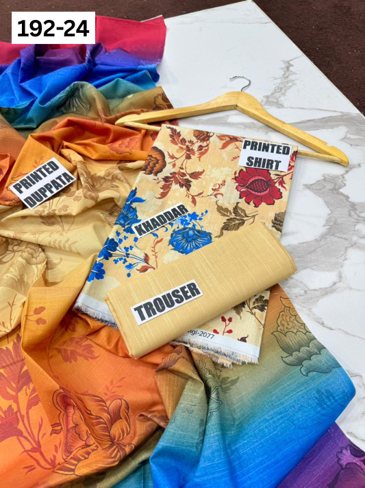 VOL 192 | DS 24 | DIGITAL PRINTED KHADDAR 3PC DYED TROUSER