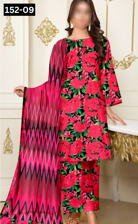 VOL 152 | DS 09 | DIGITAL PRINTED LINEN 3PC LINEN DUPATTA
