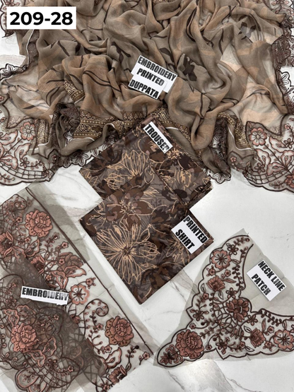 VOL 209 | DS 28 | LAWN 3PC PRINTED LAWN SHIRT ALONG WITH EMBROIDERED PATCHES PRINTED TROUSER EMBROIDERED DUPATTA