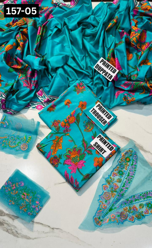 VOL 157 | DS 05 | DIGITAL PRINTED LINEN 3PC | LINEN DUPATTA | EMBROIDERED ORAGANZA PATCHES