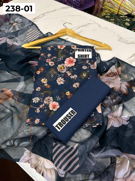 VOL 238  | DS 01 | BEECHTREE LAWN 3PC | DIGITAL PRINTED BANADORA LAWN SHIRT, PLAIN TROUSER, BAMBER CHIFFON DUPATTA