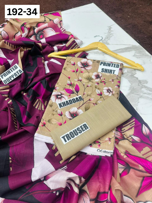 VOL 192 | DS 34 | DIGITAL PRINTED KHADDAR 3PC DYED TROUSER