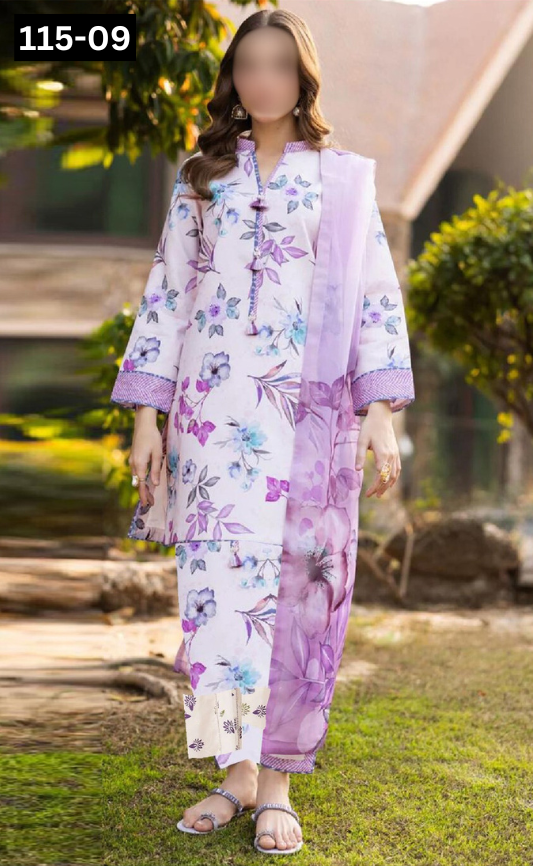 VOL 115 | DS 09 | DIGITAL PRINTED BANADORA LAWN 3PC VOIL LAWN DUPATTA