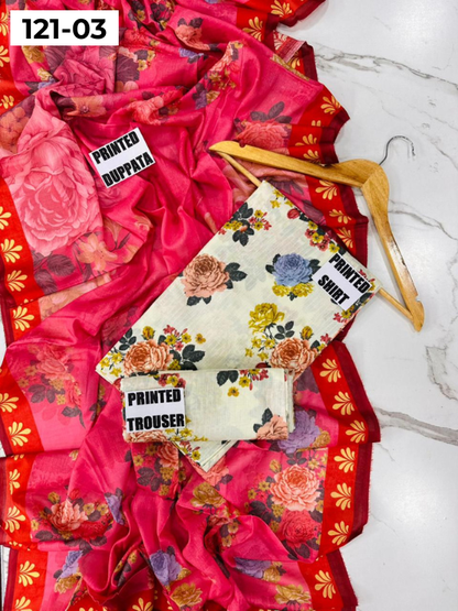 VOL 121 | DS 03 | DIGITAL PRINTED BANADORA LAWN 3PC VOIL LAWN DUPATTA
