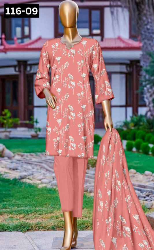 VOL 116 | DS 09 | DIGITAL PRINTED LAWN 3PC DYED TROUSER VOIL LAWN DUPATTA
