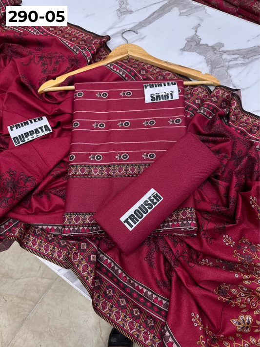 VOL 290 | DS 05 | PREMIUM DHANAK WINTER COLLECTON - DIGITAL PRINTED 3 PIECE SUIT | Printed Shirt with Neck Design | Plain Dyed Matching Trouser | Printed Dupatta