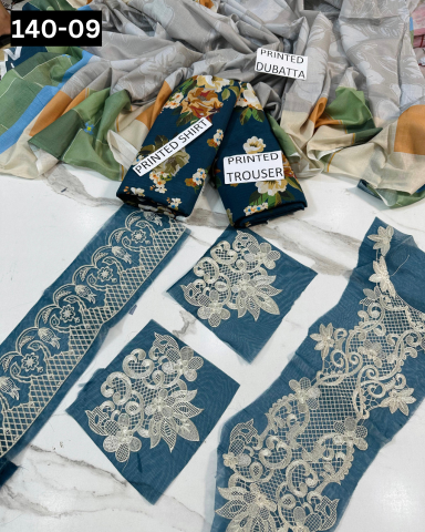 VOL 140 | DS 09 | DIGITAL PRINTED BANADORA LAWN 3PC | VOIL LAWN DUPATTA | EMBROIDERED ORAGANZA PATCHES