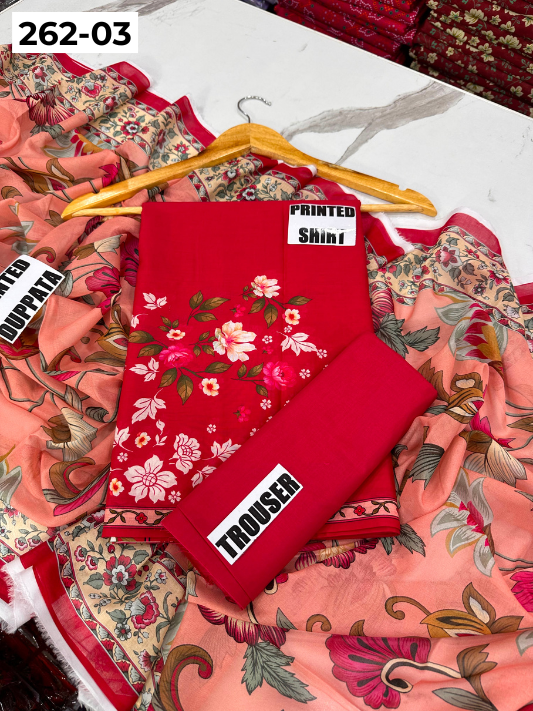 VOL 262 | DS 03 | MINHA By SHANAYA | DIGITAL PRINTED 3PC LAWN SHIRT, DYED TROUSER, PRINTED VOIL DUPATTA