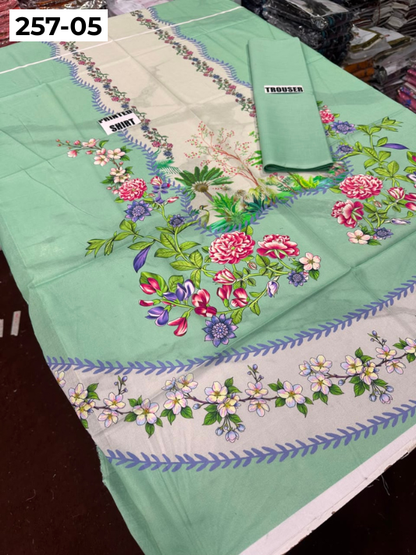 VOL 257 | DS 05 | PRINTED HIT CODES LAWN 2PC | DIGITAL PRINTED LAWN SHIRT, PLAIN COTTON TROUSER