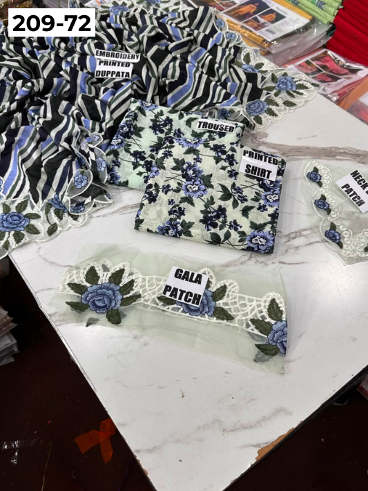 VOL 209 | DS 72 | LAWN 3PC PRINTED LAWN SHIRT ALONG WITH EMBROIDERED PATCHES PRINTED TROUSER EMBROIDERED DUPATTA