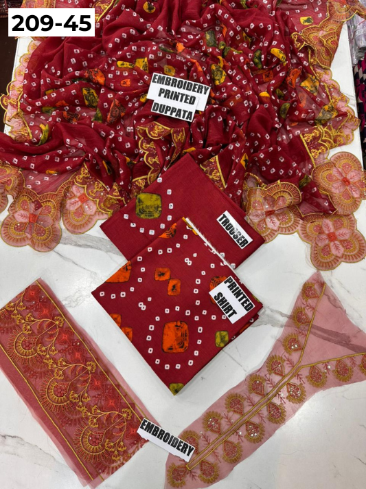VOL 209 | DS 45 | LAWN 3PC PRINTED LAWN SHIRT ALONG WITH EMBROIDERED PATCHES PRINTED TROUSER EMBROIDERED DUPATTA
