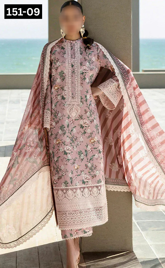 VOL 151 | DS 09 | DIGITAL PRINTED LINEN 3PC LINEN DUPATTA