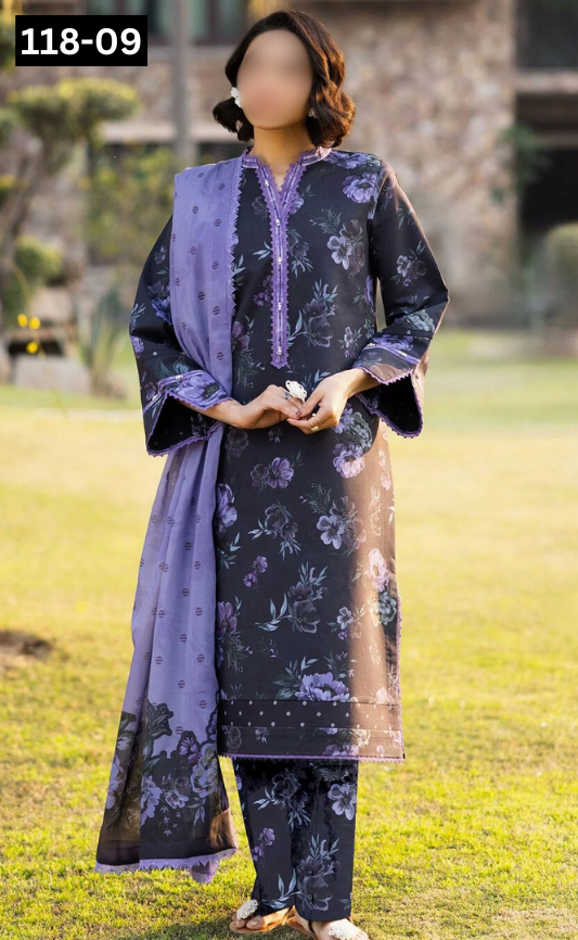VOL 118 | DS 09 | DIGITAL PRINTED BANADORA LAWN 3PC VOIL LAWN DUPATTA