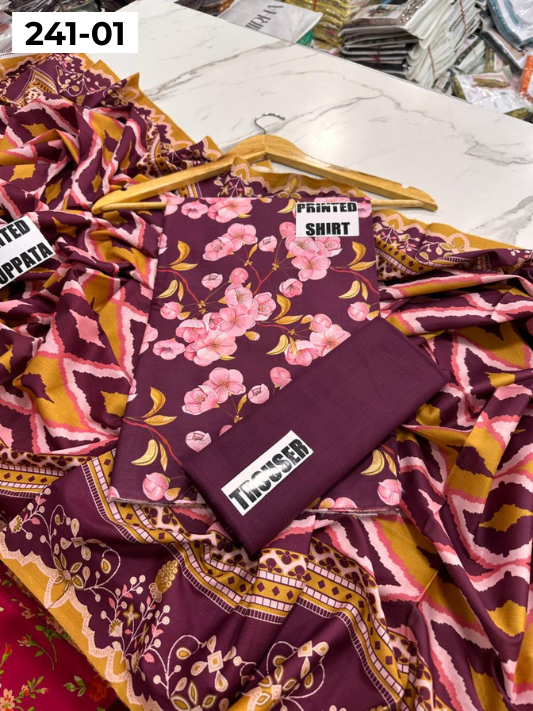 VOL 241 | DS 01 | Mirha LAWN |  DIGITAL PRINTED LAWN 3PC PRINTED LAWN SHIRT PLAIN TROUSER PRINTED LAWN DUPATTA