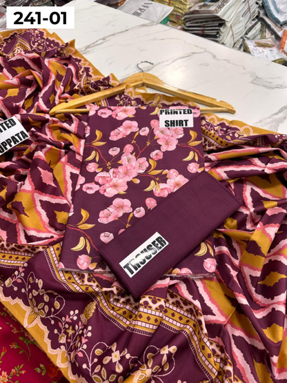 VOL 241 | DS 01 | Mirha LAWN |  DIGITAL PRINTED LAWN 3PC PRINTED LAWN SHIRT PLAIN TROUSER PRINTED LAWN DUPATTA