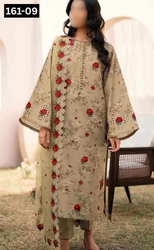 VOL 161 | DS 09 | DIGITAL PRINTED KHADDAR 3PC ZARI KHADDAR DUPATTA
