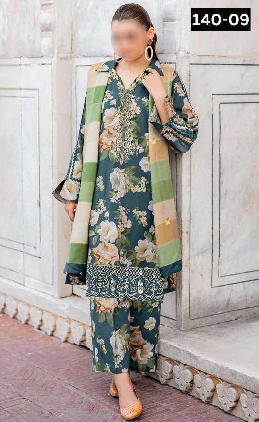 VOL 140 | DS 09 | DIGITAL PRINTED BANADORA LAWN 3PC | VOIL LAWN DUPATTA | EMBROIDERED ORAGANZA PATCHES