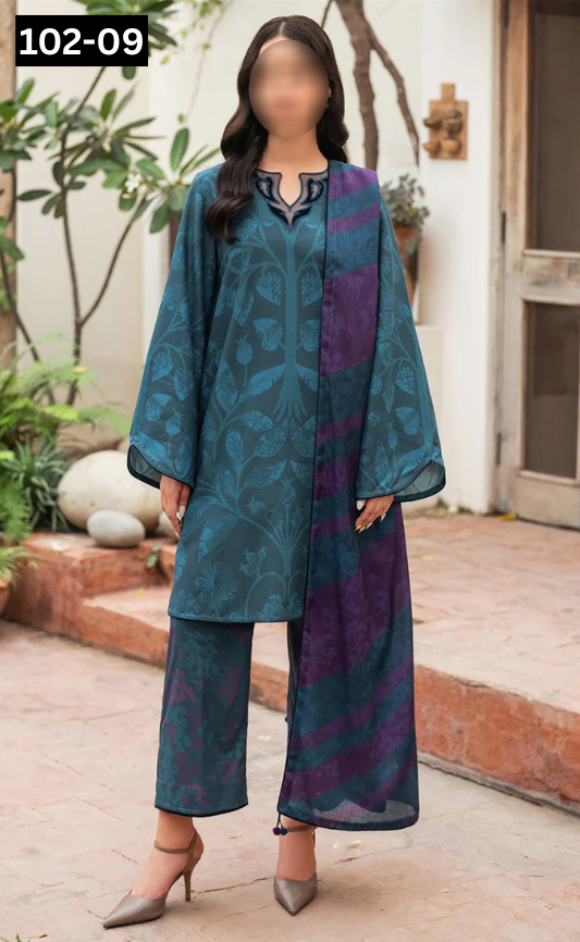 VOL 102 | DS 09 | DIGITAL PRINTED TANA DORA LAWN 3PC VOIL LAWN DUPATTA