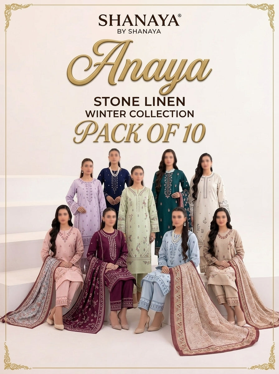 VOL 288 | PACK OF 10 | ANAYA BY SHANAYA | DIGITAL PRINTED 3PC STONE LINEN SUIT | PRINTED SHIRT, TROUSER & DUPATTA