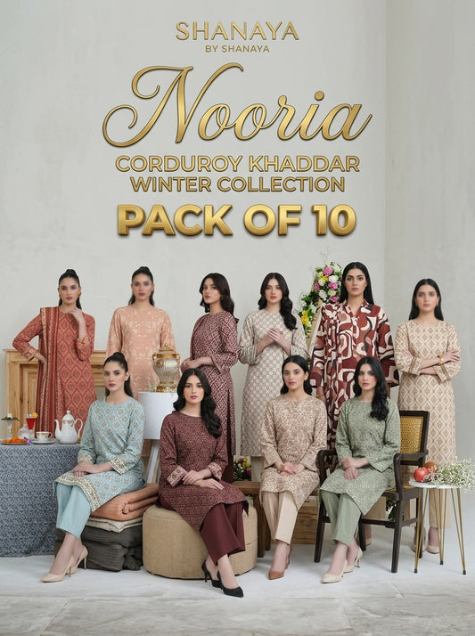 VOL 287 | PACK OF 10 | NOORIA BY SHANAYA | DIGITAL PRINTED 3PC CORDUROY KHADDAR SUIT | PRINTED SHIRT, TROUSER & DUPATTA