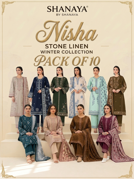 VOL 285 | PACK OF 10 | NISHA BY SHANAYA | DIGITAL PRINTED 3PC STONE LINEN SUIT | PRINTED SHIRT, TROUSER & DUPATTA