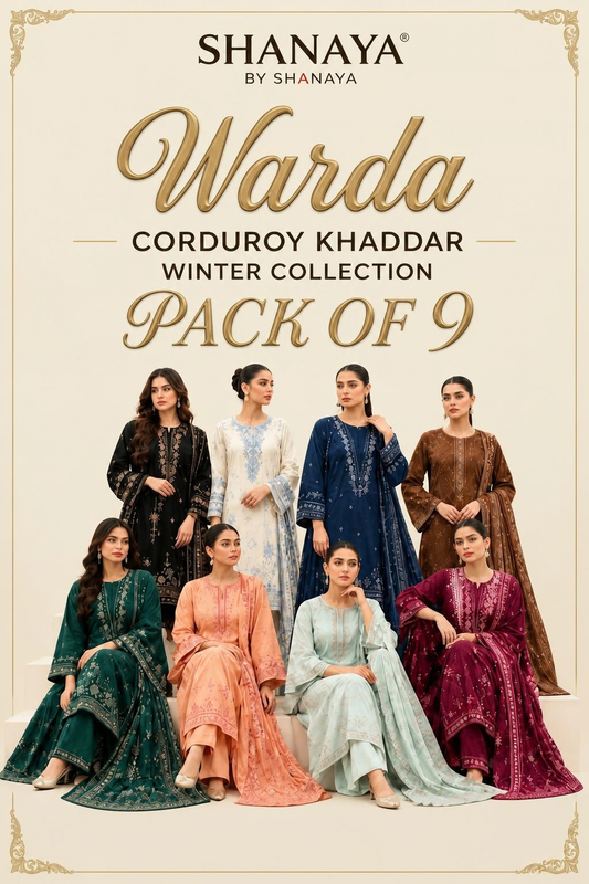 VOL 280 | PACK OF 9 | WARDA BY SHANAYA | DIGITAL PRINTED 3PC CORDUROY KHADDAR SUIT | PRINTED SHIRT, TROUSER & DUPATTA