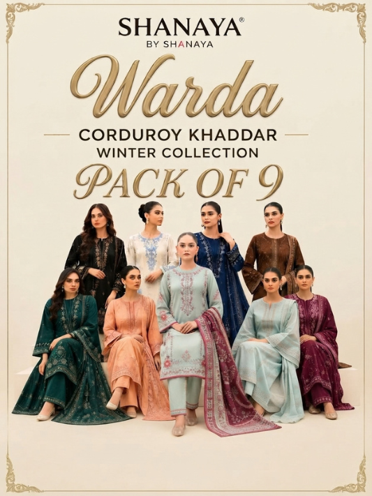VOL 280 | PACK OF 9 | WARDA BY SHANAYA | DIGITAL PRINTED 3PC CORDUROY KHADDAR SUIT | PRINTED SHIRT, TROUSER & DUPATTA