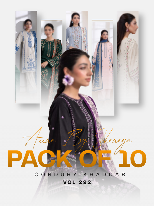 VOL 292 | PACK OF 10 | AEENA BY SHANAYA | DIGITAL PRINTED 3PC CORDUROY KHADDAR SUIT | PRINTED SHIRT, TROUSER & DUPATTA