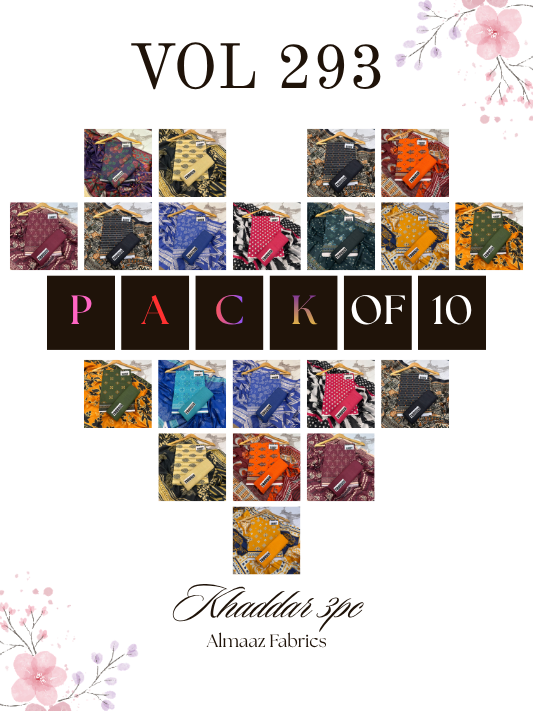 VOL 293 | PACK OF 10 | DIGITAL PRINTED 3PC KHADDAR SUIT | PRINTED SHIRT, TROUSER & DUPATTA
