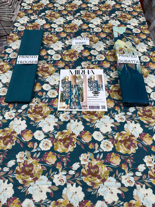 VOL 116 | DS 15 | DIGITAL PRINTED LAWN 3PC DYED TROUSER VOIL LAWN DUPATTA