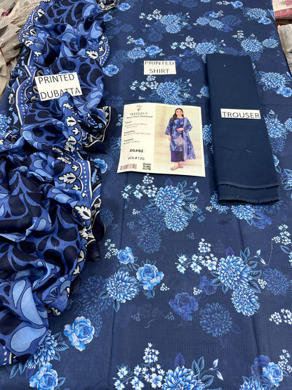 VOL 120 | DS 02 | DIGITAL PRINTED BANADORA LAWN 3PC DYED TROUSER VOIL LAWN DUPATTA