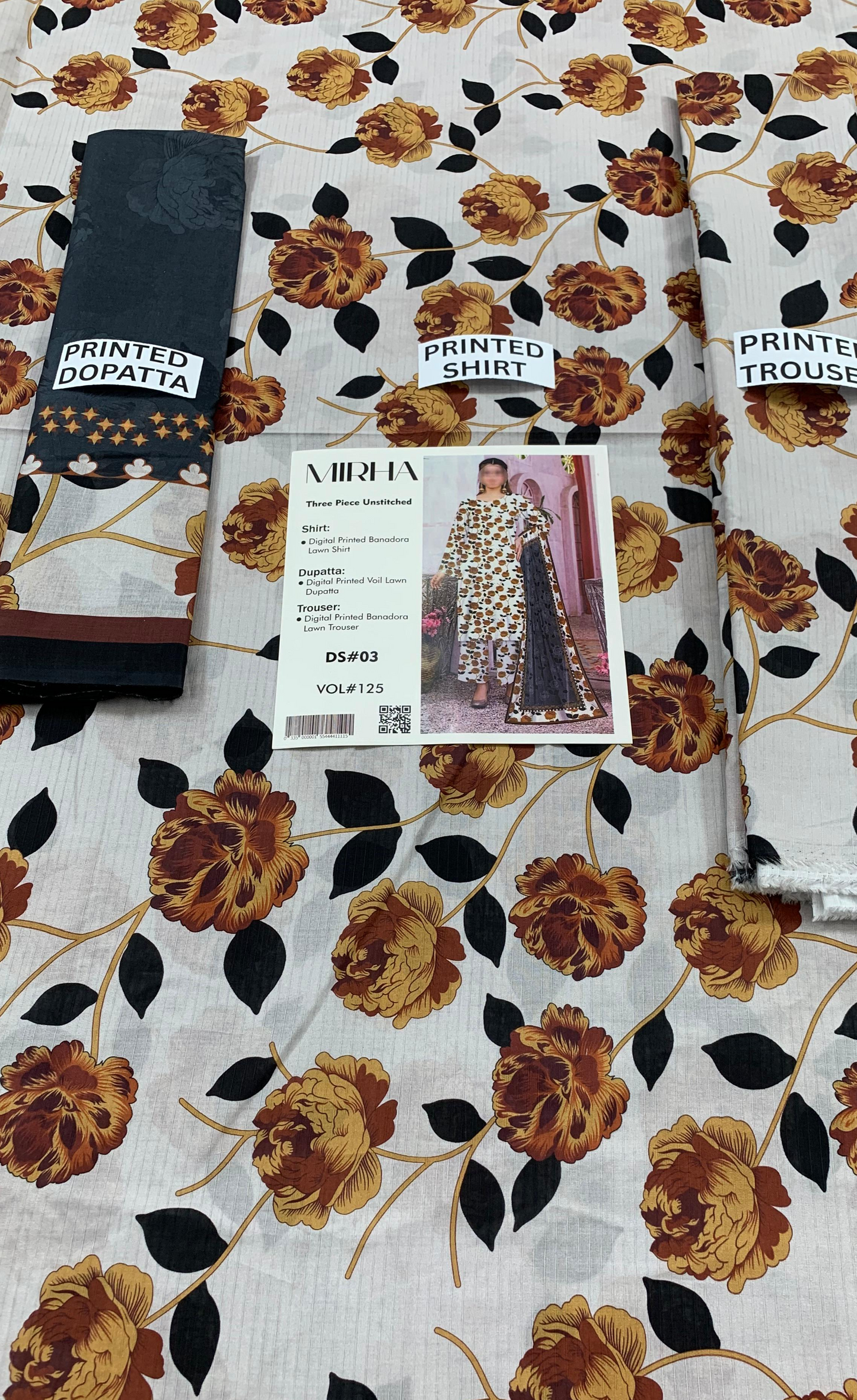 VOL 125 | DS 03 | DIGITAL PRINTED BANADORA LAWN 3PC VOIL LAWN DUPATTA