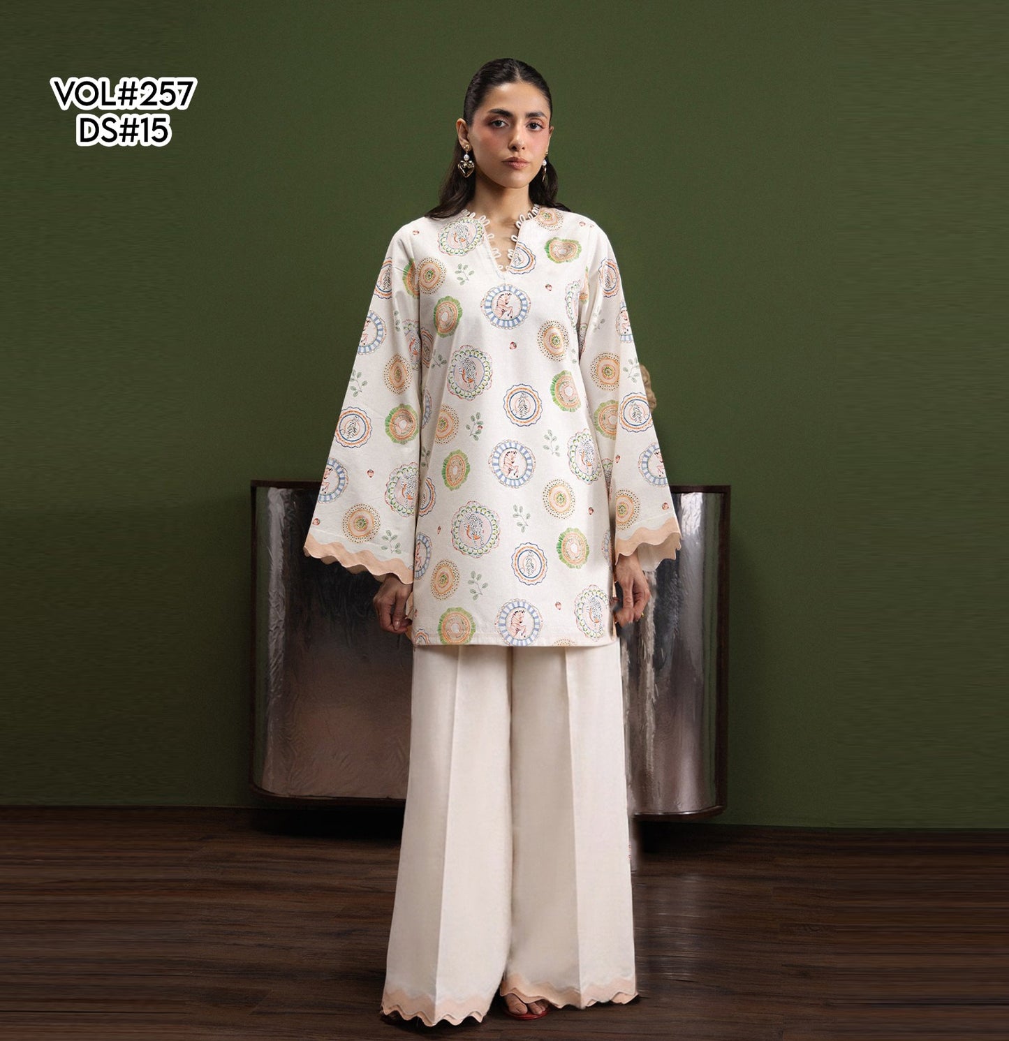 VOL 257 | DS 15 | PRINTED HIT CODES LAWN 2PC | DIGITAL PRINTED LAWN SHIRT, PLAIN COTTON TROUSER