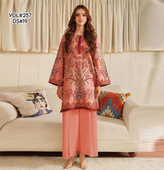 VOL 257 | DS 19 | PRINTED HIT CODES LAWN 2PC | DIGITAL PRINTED LAWN SHIRT, PLAIN COTTON TROUSER