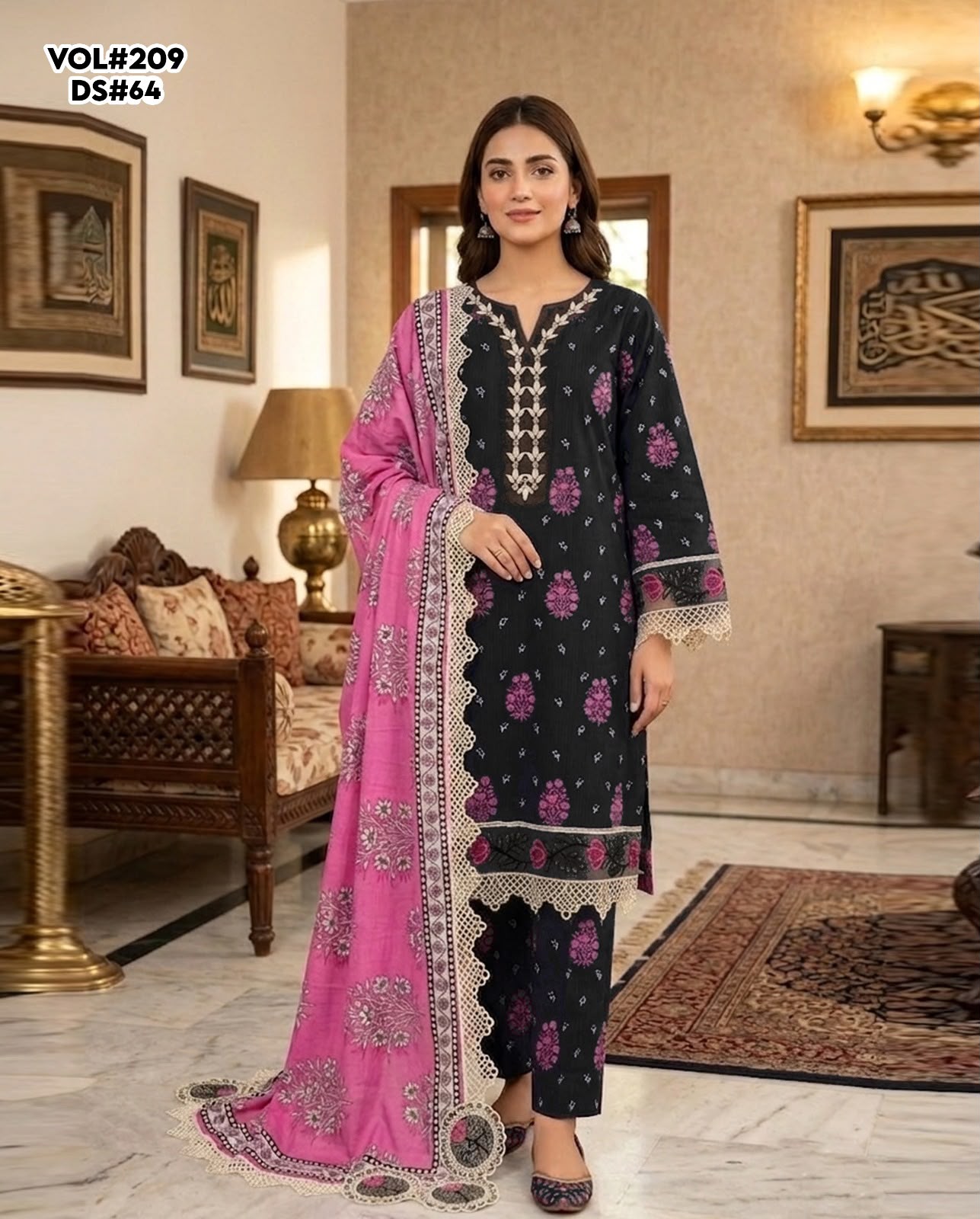 VOL 209 | DS 64 | LAWN 3PC PRINTED LAWN SHIRT ALONG WITH EMBROIDERED PATCHES PRINTED TROUSER EMBROIDERED DUPATTA