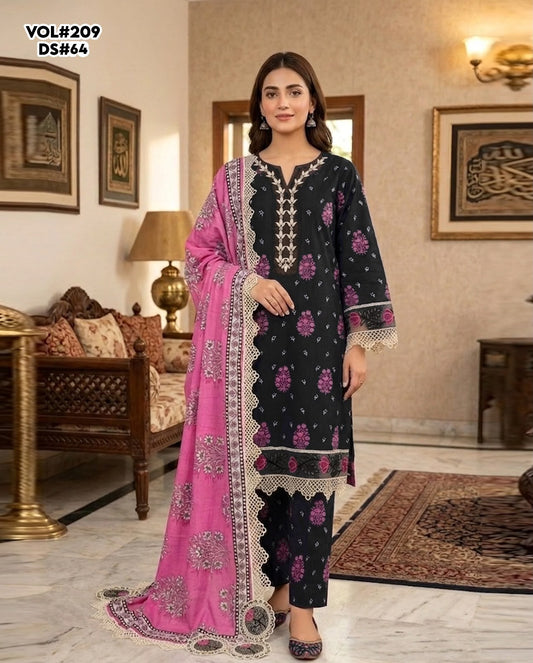VOL 209 | DS 64 | LAWN 3PC PRINTED LAWN SHIRT ALONG WITH EMBROIDERED PATCHES PRINTED TROUSER EMBROIDERED DUPATTA